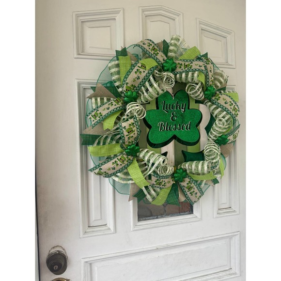 Lucky & Blessed Shamrock Saint Patrick’s Day Mesh Ribbon Wreath Door Hanger - Picture 6 of 8